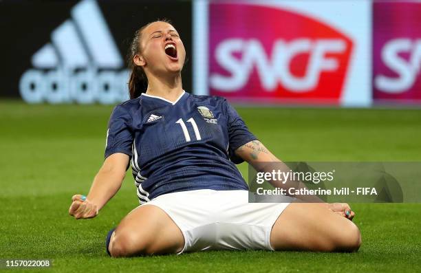 Florencia Bonsegundo of Argentina celebrates after scoring her team's third goal during the 2019 FIFA Women's World Cup France group D match between...