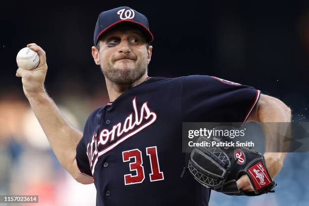 Starting pitcher Max Scherzer of the Washington Nationals works the first inning against the Philadelphia Phillies in game two of a double header at...