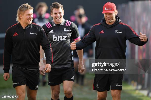 Jack Goodhue, Matt Todd and Head Coach Scott Robertson react prior to a Crusaders Super Rugby Captain's Run at Orangetheory Stadium on June 20, 2019...