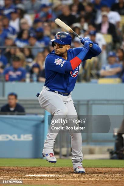 Carlos González of the Chicago Cubs bats during the game against the Los Angeles Dodgers at Dodger Stadium on June 13, 2019 in Los Angeles,...