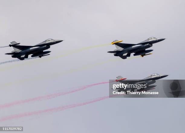 General Dynamics F-16 Fighting Falcon 'smoke' during a Belgium National Day parade on July 21, 2019 in Brussels, Belgium.