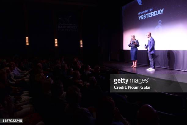 Executive Director Mystelle Brabbee and NFF Film Program Director Basil Tsiokos speak onstage at the 'Yesterday' screening during the 2019 Nantucket...