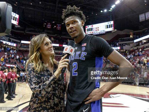 Cam Reddish of the Duke Blue Devils is interviewed by ESPN Reporter Allison Williams after the game against the Florida State Seminoles at Donald L....