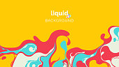 Abstract liquid background, in warm red, blue and light green ink on yellow