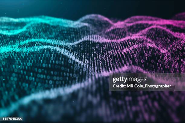 3d illustration rendering of binary code pattern.futuristic particles digital landscape wave abstract background for business,science and technology - software analytics stock-fotos und bilder