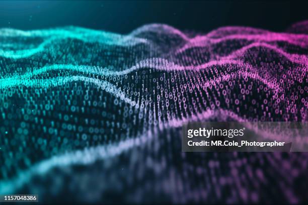 3d illustration rendering of binary code pattern.futuristic particles digital landscape wave abstract background for business,science and technology - gol di pareggio foto e immagini stock