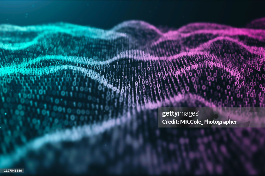3D illustration Rendering of binary code pattern.Futuristic Particles digital Landscape wave Abstract background for business,Science and technology