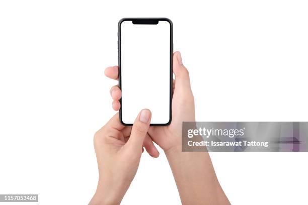 hand holding phone mobile and touching screen isolated on white background - photograph template stock pictures, royalty-free photos & images