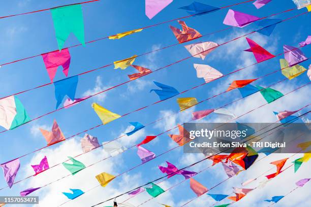 festa junina in brazil is time to have fun with colorful flags - party flags stockfoto's en -beelden