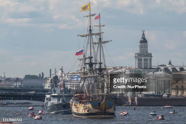 Sailing frigate Poltava, small rocket ship &quot;Typhoon&quot; and small rocket ship &quot;Mytischi&quot; in the Neva river before the parade on the...