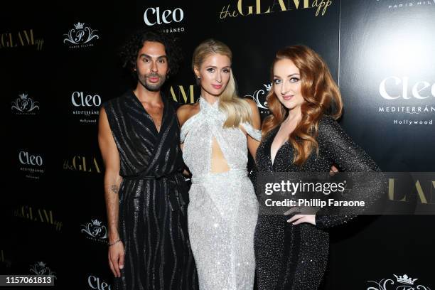 Joey Maalouf, Paris Hilton, and Katrina Barton attend The Glam App Celebration Event at Cleo on June 19, 2019 in Hollywood, California.