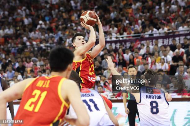 Abudushalamu Abudurexiti of China jumps to shoot the ball during the 2019 Sino-Australian Men's International Basketball Challenge match between...