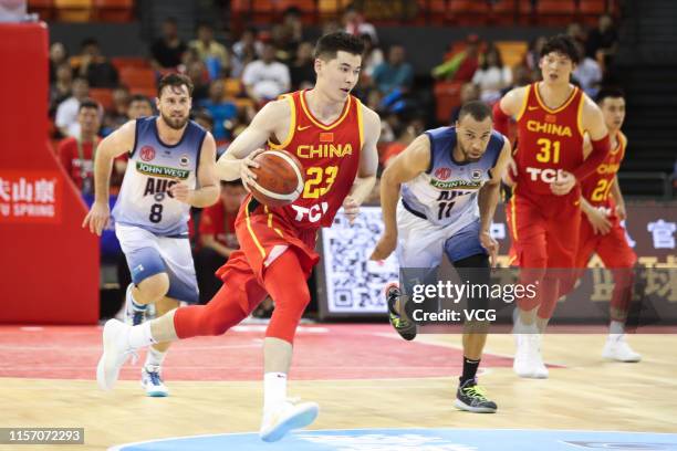 Abudushalamu Abudurexiti of China drives the ball during the 2019 Sino-Australian Men's International Basketball Challenge match between Chinese...