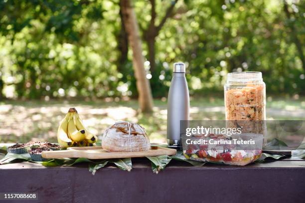 picnic lunch spread on an outdoor table - ピクニックテーブル ストックフォトと画像