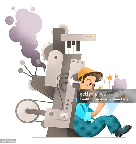 broken machine man writing an angry letter - damaged stock-grafiken, -clipart, -cartoons und -symbole