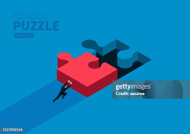 ilustrações de stock, clip art, desenhos animados e ícones de businessman pushes the puzzle to the right position - puzzle