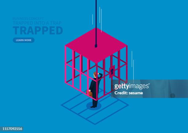 ilustrações de stock, clip art, desenhos animados e ícones de businessman is locked by the falling iron cage - birdcage