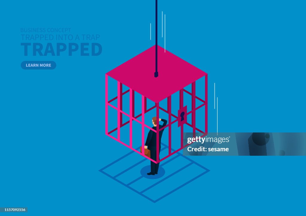Businessman is locked by the falling iron cage