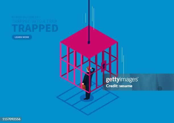 businessman is locked by the falling iron cage - problems stock illustrations