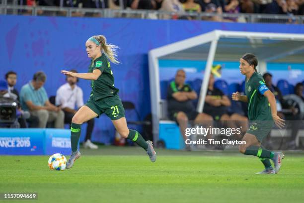 June 18. Ellie Carpenter of Australia in action during the Jamaica V Australia, Group C match at the FIFA Women's World Cup at Stade des Alpes on...