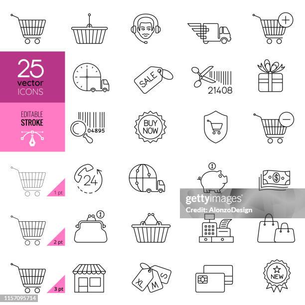online shopping, e-commerce line vector icons. editable stroke. - refund stock illustrations