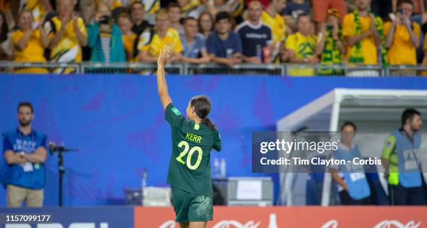 June 18. Sam Kerr of Australia leaves the field to the applause of the Australian fans after her four goal performance during the Jamaica V...