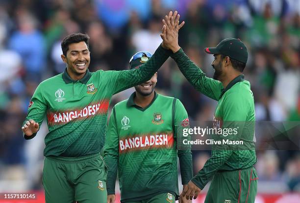 Soumya Sarkar of Bangladesh celebrates the wicket of Aaron Finch of Australia during the Group Stage match of the ICC Cricket World Cup 2019 between...