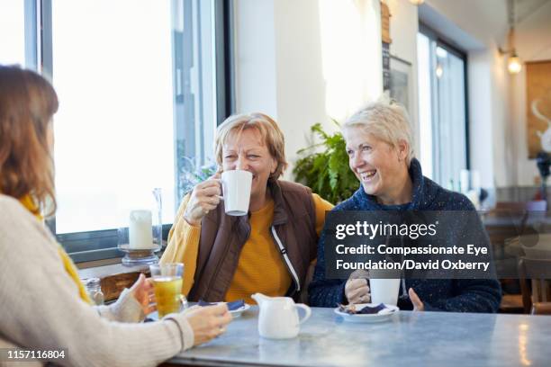 lesbian couple and adult daughter drinking coffee and talking in cafe - old coffee stock-fotos und bilder