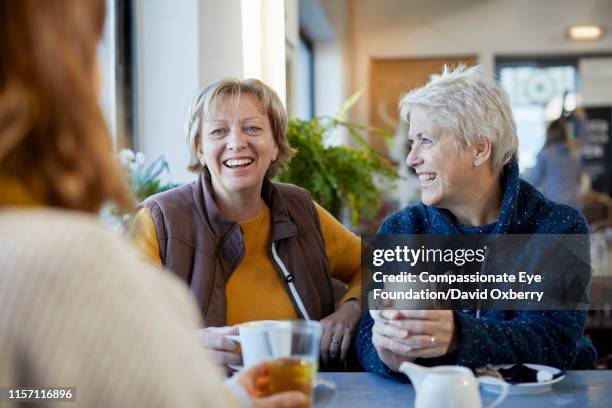 lesbian couple and adult daughter drinking coffee and talking in cafe - british retirement stock-fotos und bilder