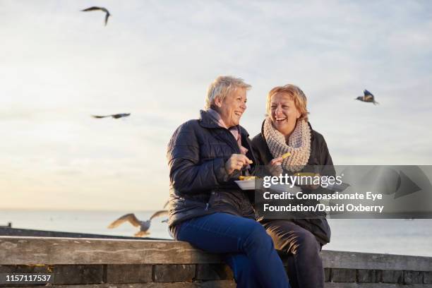 lesbian couple eating fries by sea - retreat women diverse stockfoto's en -beelden