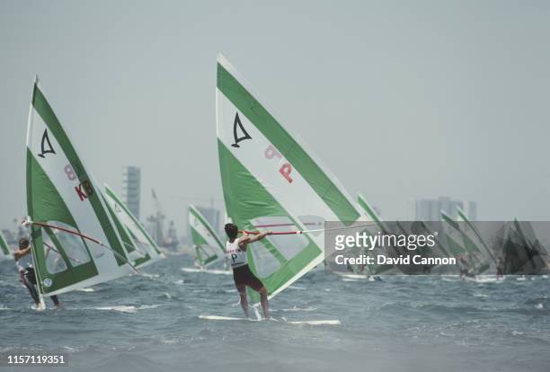 Windsurfing at the the XXIII Olympic Games on 8th August 1984 at the Long Beach Marina in Long Beach, California, United States.