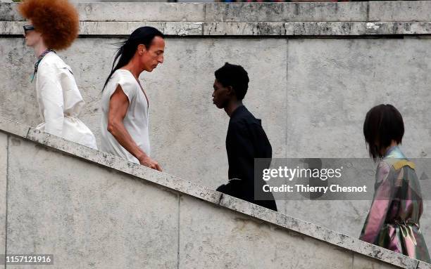 Designer Rick Owens acknowledges the audience at the end of the Rick Owens Menswear Spring Summer 2020 show as part of Paris Fashion Week on June 20,...