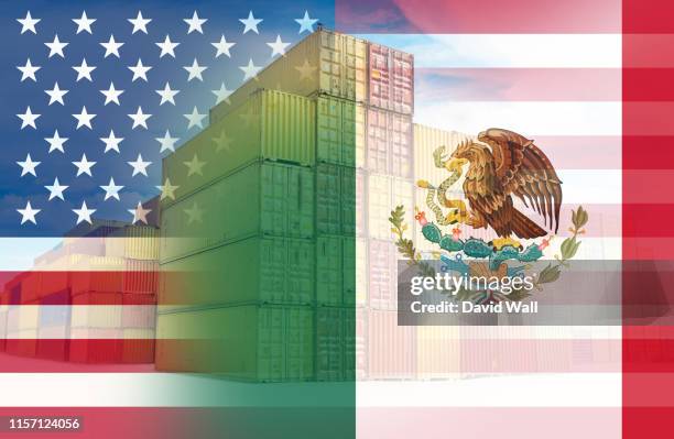 the american and mexican flags imposed over containers representing trade between the two countries. - mexico tariff stock pictures, royalty-free photos & images