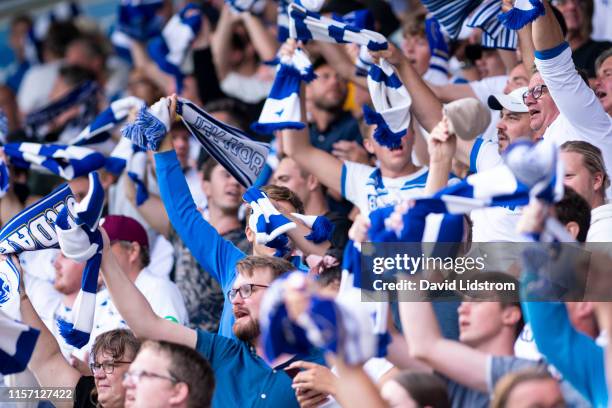 Fans of IFK Norrkoping celebrates after scoring to 1-0 during the Allsvenskan match between IFK Norrkoping and Ostersunds FK at Ostgotaporten on July...