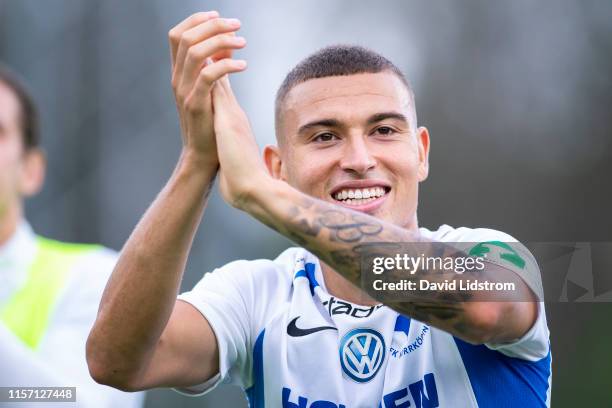 Jordan Larsson of IFK Norrkoping cheers to the fans after the Allsvenskan match between IFK Norrkoping and Ostersunds FK at Ostgotaporten on July 21,...