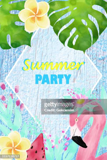 flamingo, watermelon, tropical flowers and leaves on blue wooden background. - beach bbq stock illustrations
