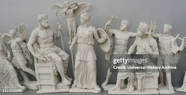 Reconstruction of the East pediment of Parthenon, Acropolis of Athens. According the drawing of K. Schwerzek, 1904. Birth of Athena. Detail of the...