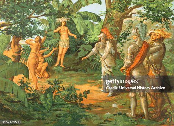 Discovery of America, 1492. Island of Bohio . The Taino leader Anacaona, so-called 'Golden flower' welcoming the Spaniards. Chromolithography. La...
