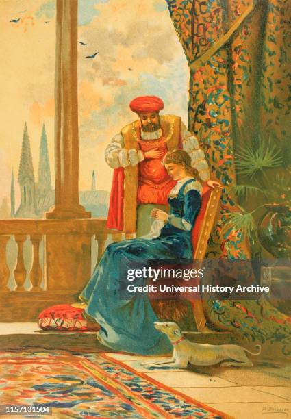 The King of England Henry VIII with his second wife, Anne Boleyn . Drawing by Dionisio Baixeras . Chromolithography. La Civilizacion , volume III,...