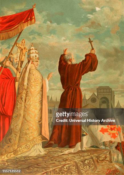 Peter the Hermit priest of Amiens and a key figure during the First Crusade. Peter the Hermit preaching the First Crusade in front of Pope Urban II...