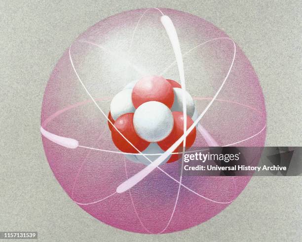 John Dalton . British physicist and chemist. Depiction of an atom. Drawing, watercolor by Francisco Fonollosa .