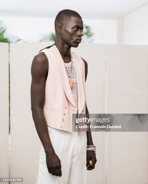 Model poses backstage prior the AMIRI Menswear Spring Summer 2020 show as part of Paris Fashion Week on June 20, 2019 in Paris, France.