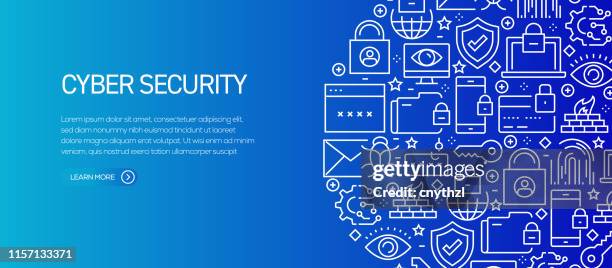 cyber-sicherheits-banner vorlage mit line icons. moderne vektordarstellung für werbung, header, website. - sicherheitsausrüstung stock-grafiken, -clipart, -cartoons und -symbole
