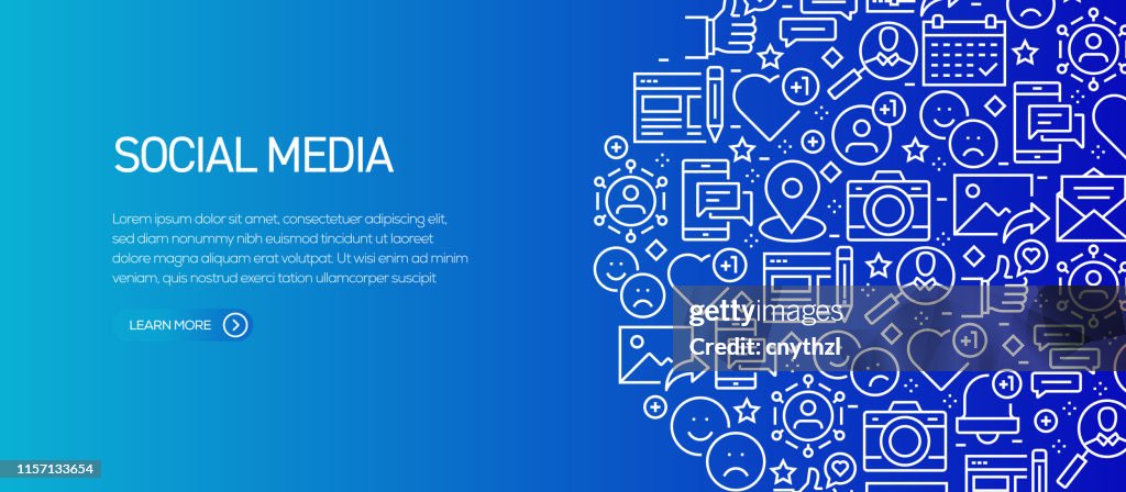 Social Media verwandte Banner-Vorlage mit Linien-Icons. Moderne Vektor-Illustration für Werbung, Header, Website.