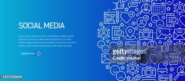 social media related banner template with line icons. modern vector illustration for advertisement, header, website. - instant messaging stock illustrations