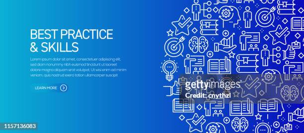 best practice and skills banner template with line icons. modern vector illustration for advertisement, header, website. - learning objectives text stock illustrations