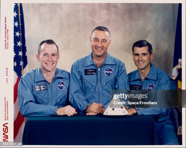 The prime crew of NASA's Apollo 1 mission at the Johnson Space Center, Houston, Texas: Edward H White II, Virgil I 'Gus' Grissom and Roger B Chaffee,...