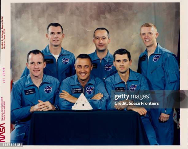 The prime and backup crews of NASA's Apollo 1 mission at the Johnson Space Center, Houston, Texas, 1st April 1966. From left to right, front are the...