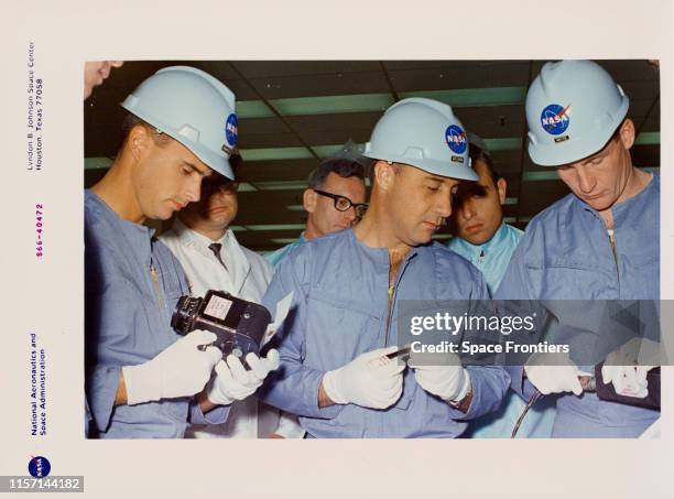 The prime crew of NASA's Apollo 1 mission inspect equipment during a tour of the North American Aviation's Downey Facility in California, 24th June...