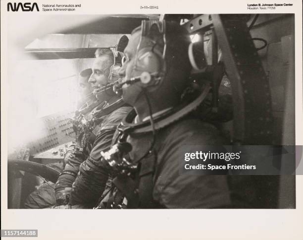 The prime crew of the Apollo 8 mission inside the Apollo Boilerplate 1102A during water egress training in the Gulf of Mexico, 25th October 1968....